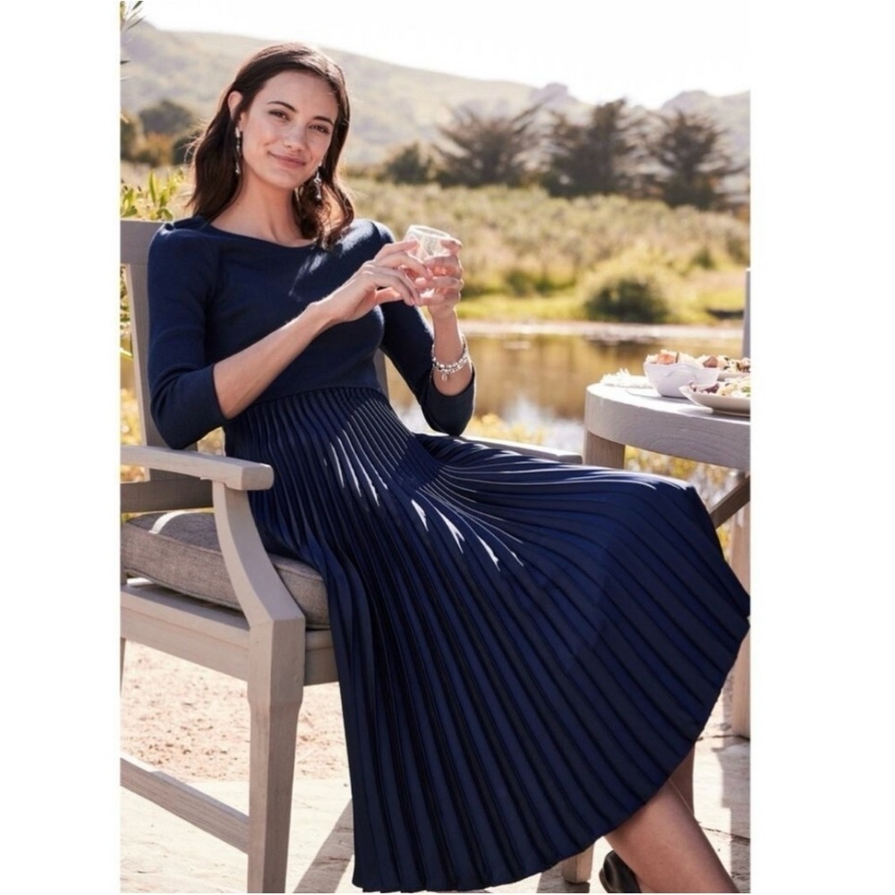 Soft Surroundings NWT Cassandra Navy Blue Pleated Skirt Long Sleeve Midi Dress M
